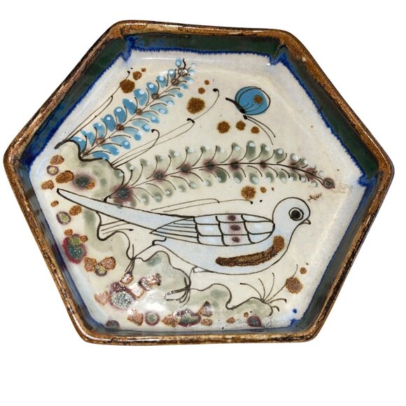 Ken Edwards Vintage Dish Plate Bowl Tonala Pottery Bird Butterfly Drip Glaze - Picture 1 of 7